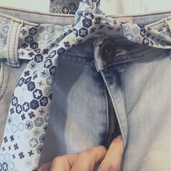 Handmade Upcycled Mini Denim/Jean Distressed Skirt-Belted-Sz. 8-Heart Pockets - Picture 6 of 13